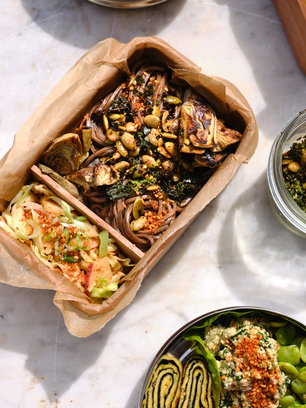 Close-up of soba noodles and coleslaw