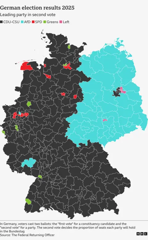 A map of German shows the AfD in light blue dominant in eastern states and the CDU in black dominant in the west