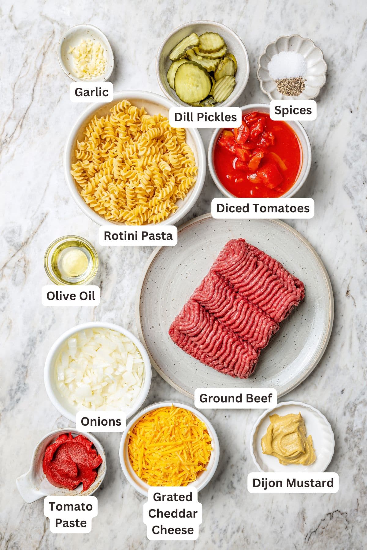 Overhead view of ingredients for cheeseburger casserole