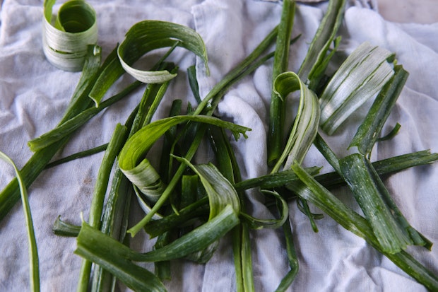 onion greens cleaned and drying on a kitchen towel