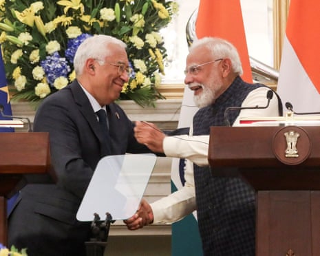 Indian prime minister Narendra Modi and European Council president Antonio Costa shake hands during a joint press statement at the Hyderabad House in New Delhi, India.